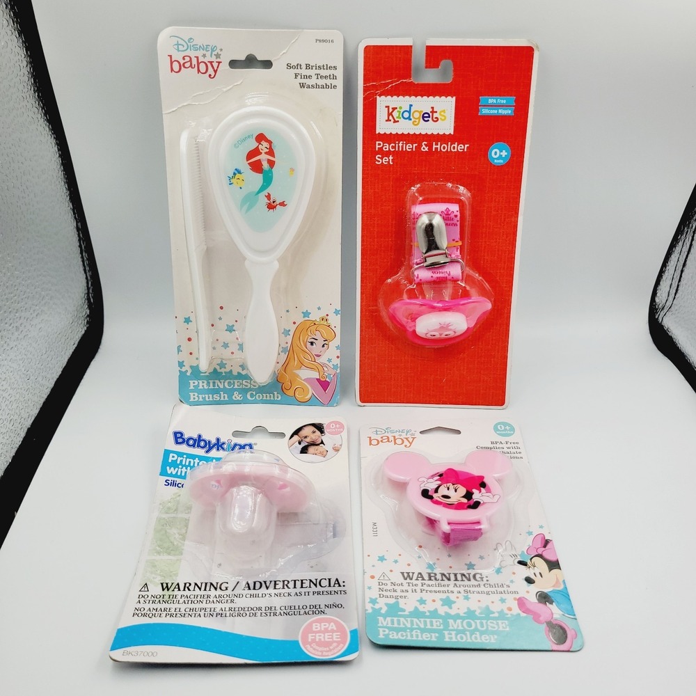 Newborn Girl Brush & Comb Set Pacifiers Paci Holder Minnie Mouse Princess Ariel